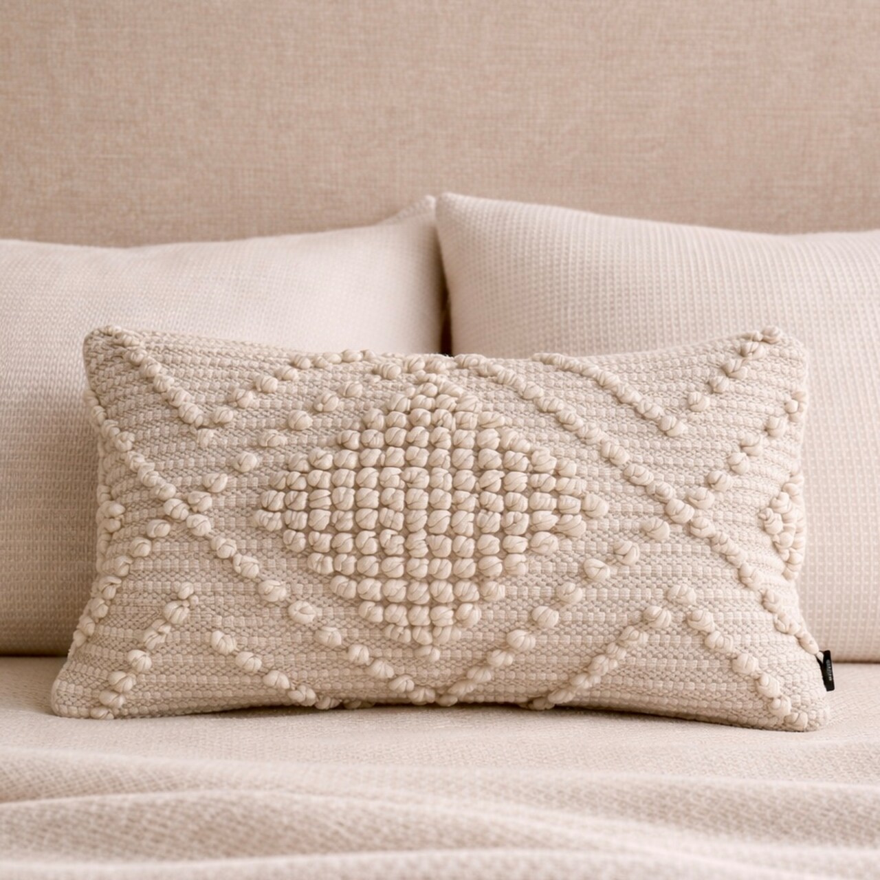 Boho Textured Woven Lumbar Pillow Cover – Handmade Beige 12x20” Decorative Accent